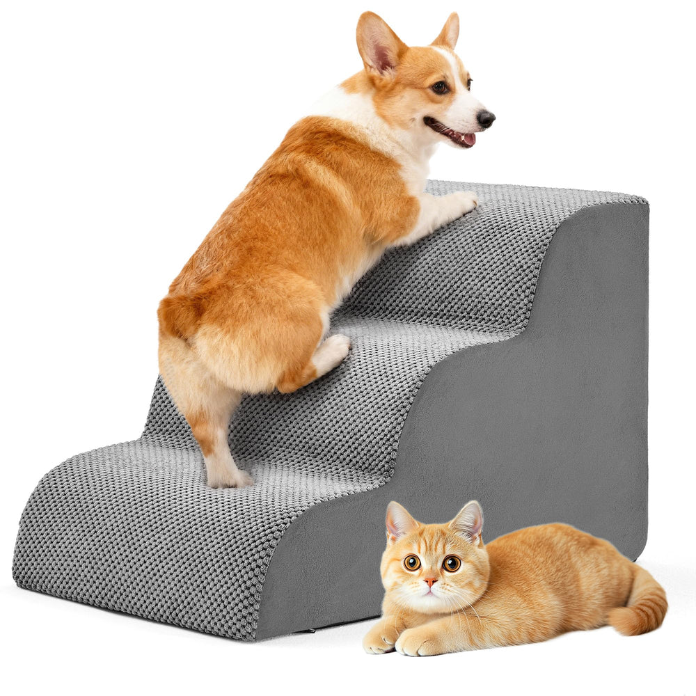 DUMOS dog stairs 3-step curve aids easy bed access for small dogs.