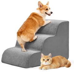DUMOS dog stairs 3-step curve aids easy bed access for small dogs.