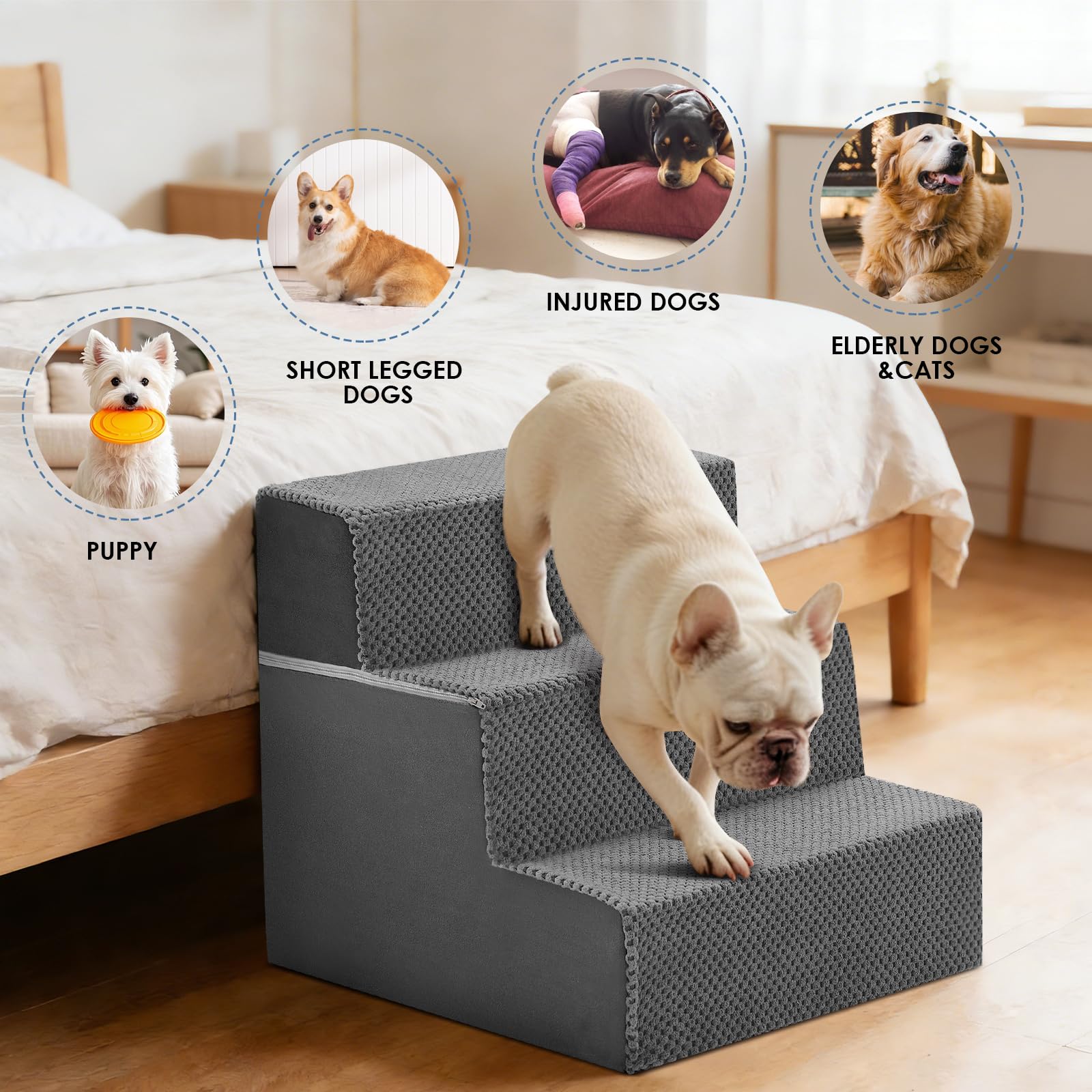 DUMOS dog stairs 4-step foam supporting medium-height beds with non-slip grip