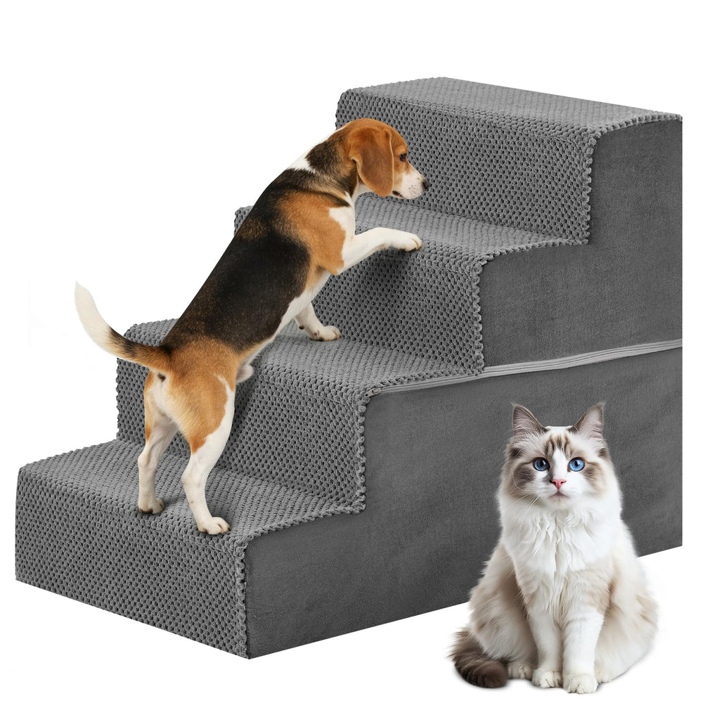 DUMOS 4-step grey dog stairs front view helps small dogs reach the sofa safely.