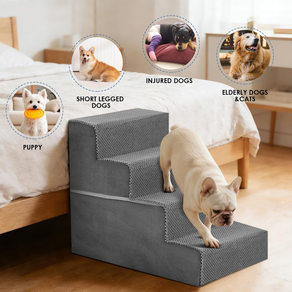 DUMOS 4-step grey dog stairs side view highlights sturdy foam core support for aging pets.