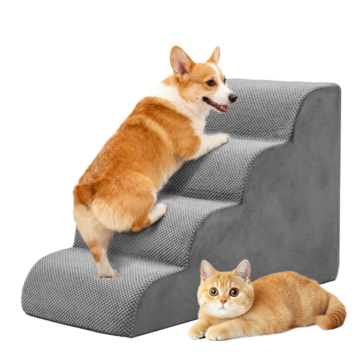 DUMOS curved 4-step dog stairs provide gentle ascent for aging pets.