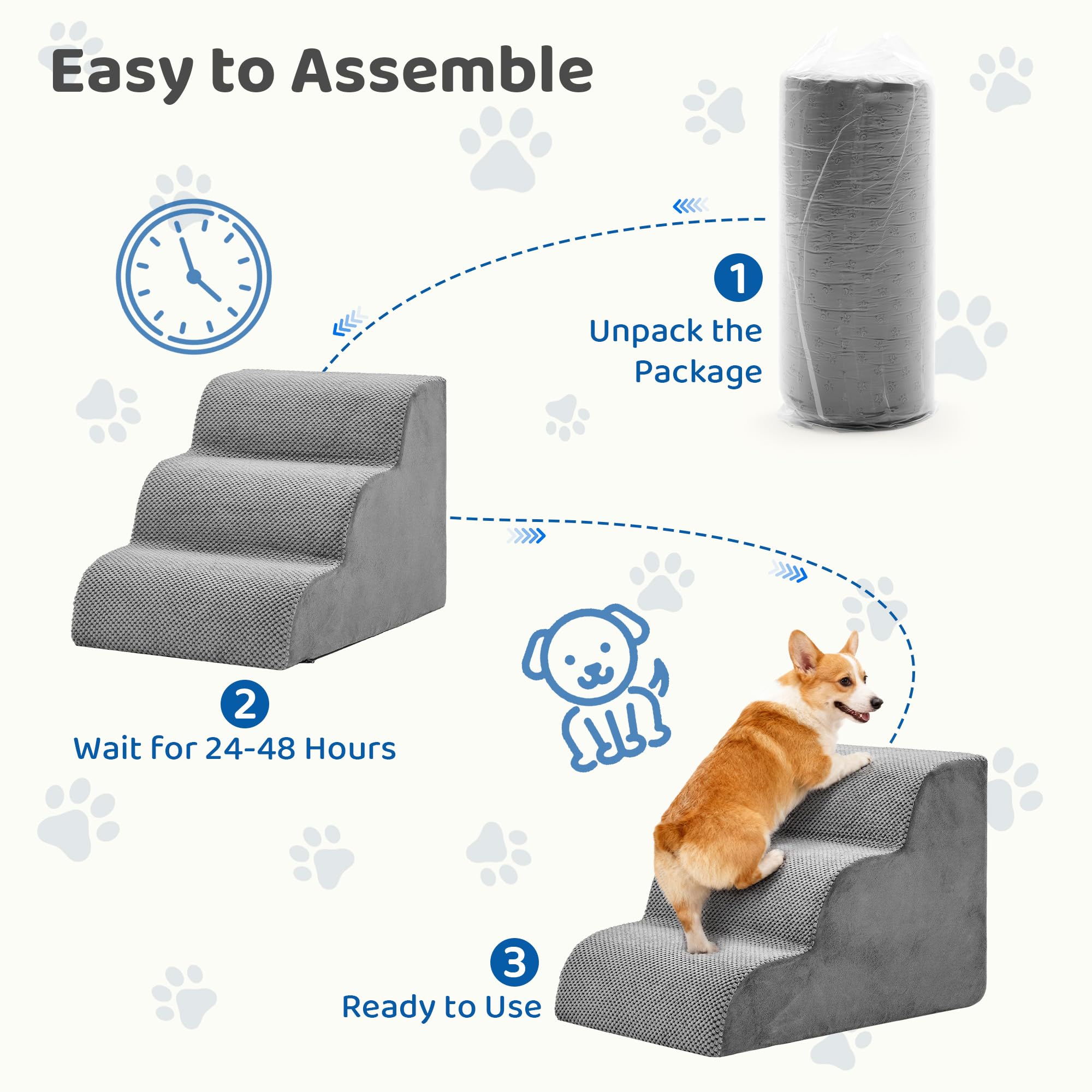 DUMOS dog stairs grey foam build provides soft, supportive climbs.