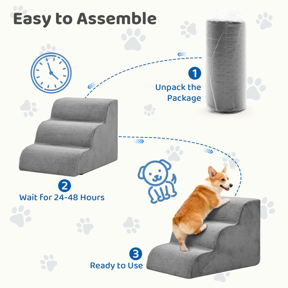 DUMOS dog stairs grey foam build provides soft, supportive climbs.