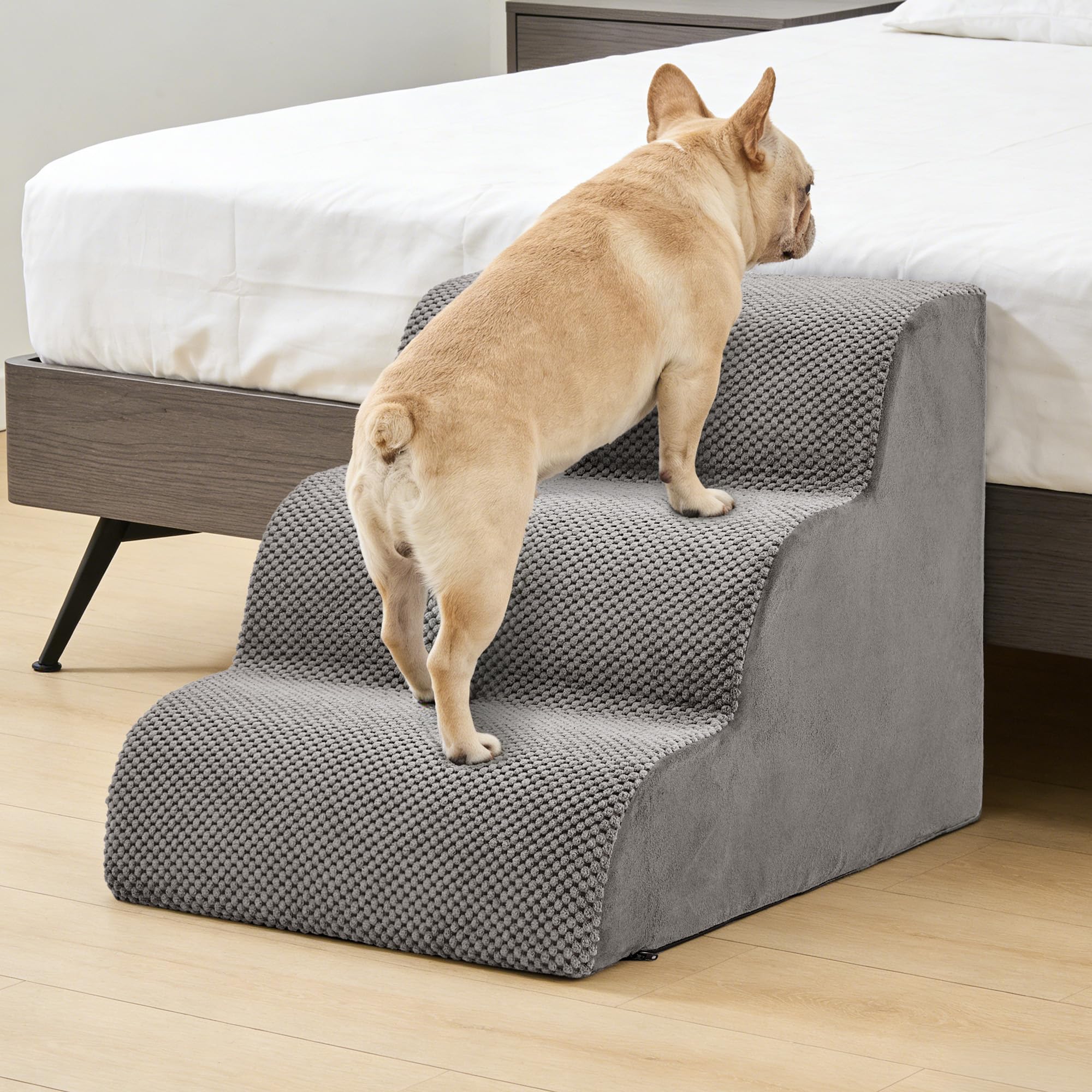 DUMOS dog stairs with non-slip bottom stay stable on indoor floors.