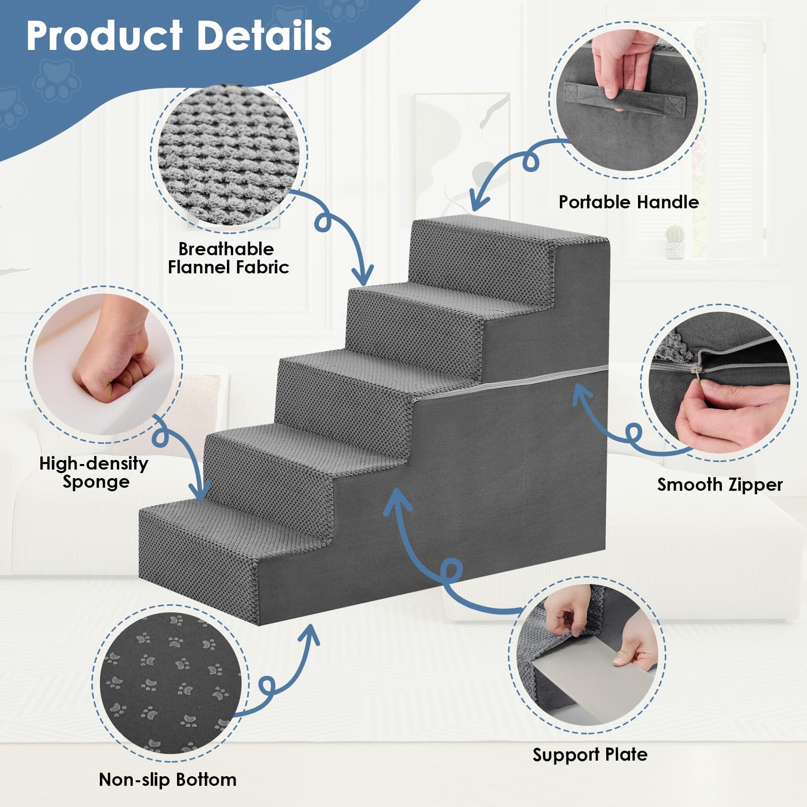 DUMOS removable washable cover keeps grey stairs clean between uses.