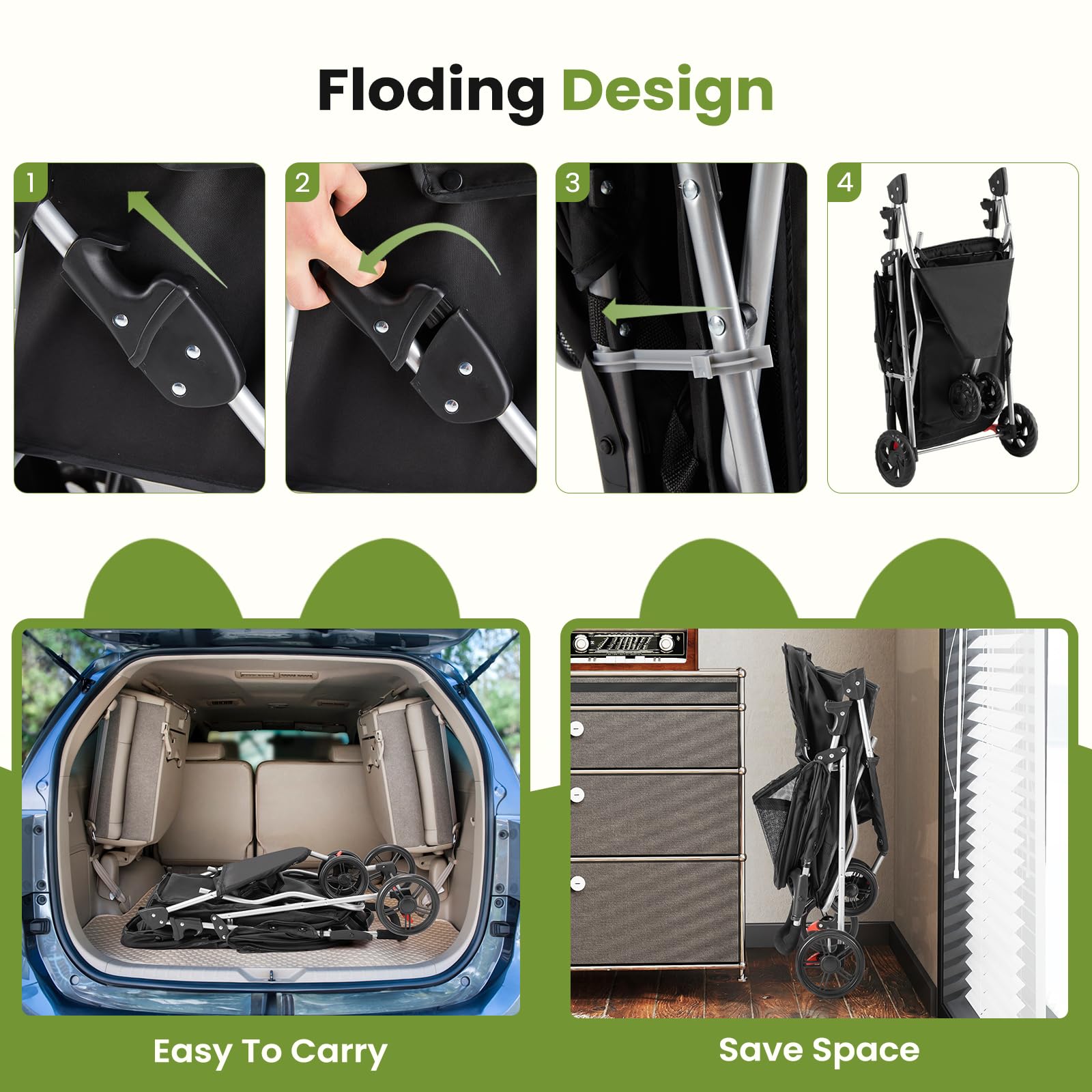 DUMOS foldable design with one-hand fold simplifies storage at home or on the go