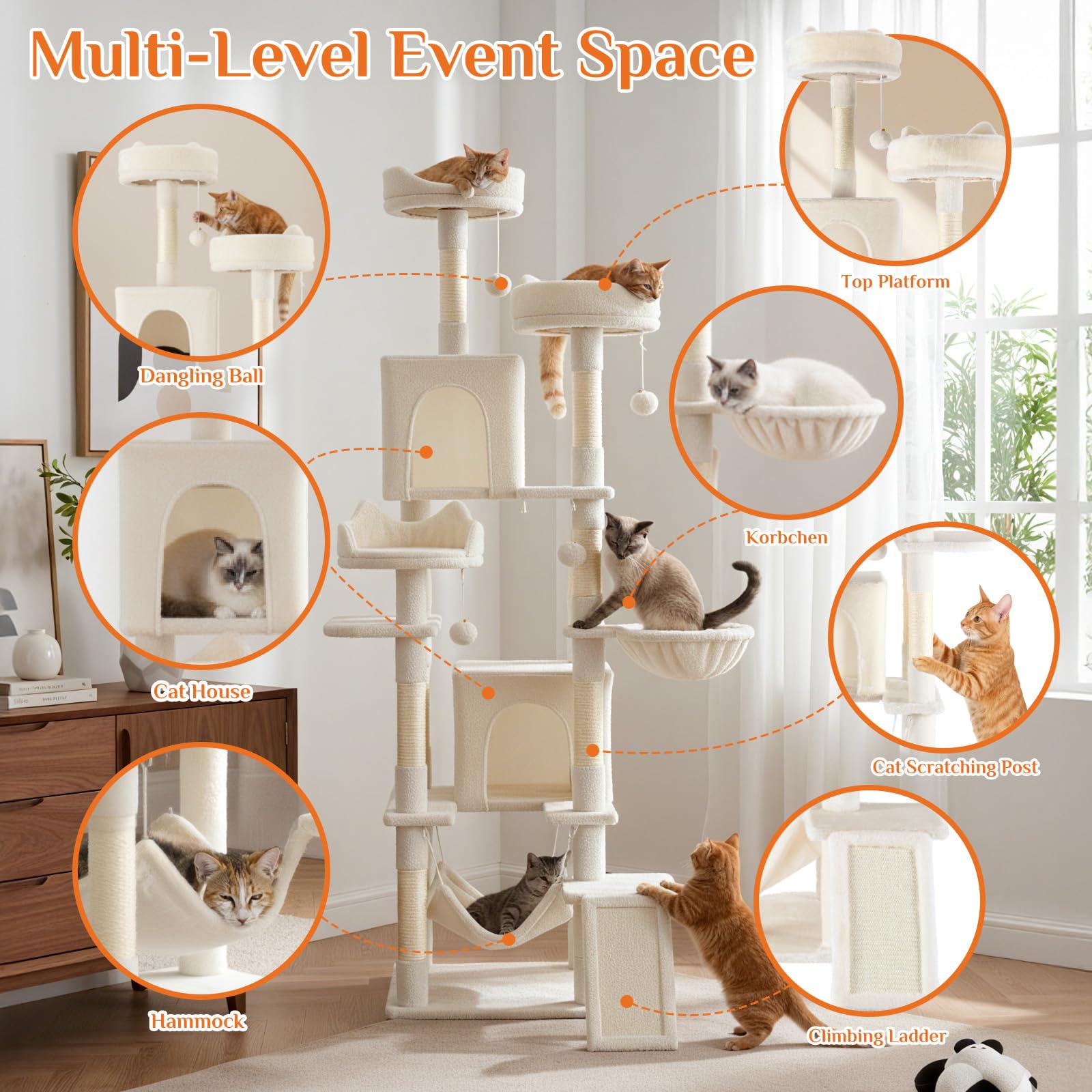 DUMOS tall cat tree 75 inch hammock for relaxing naps.