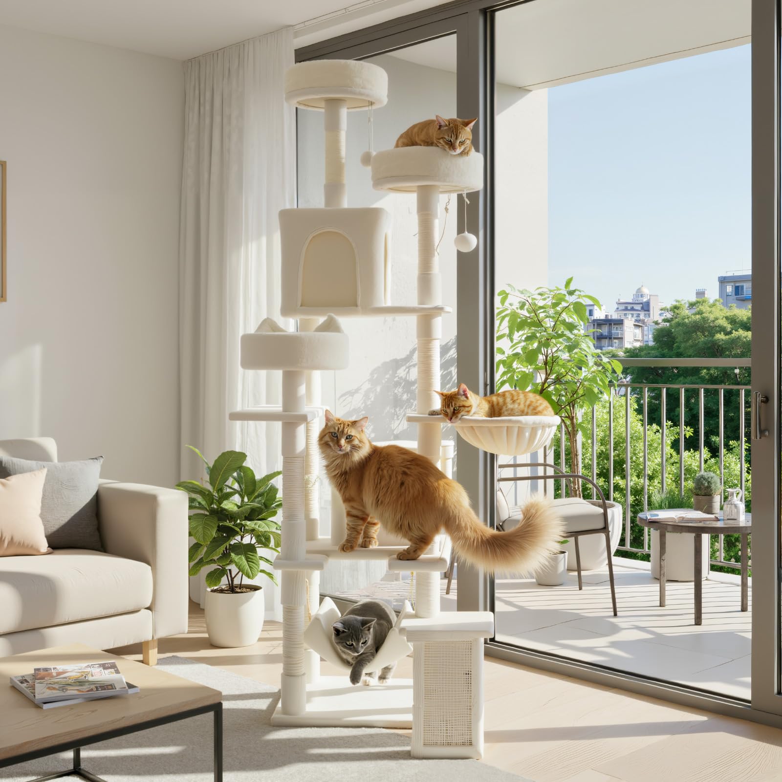 DUMOS tall cat tree 75 inch space-saving vertical setup for multi-cat homes.