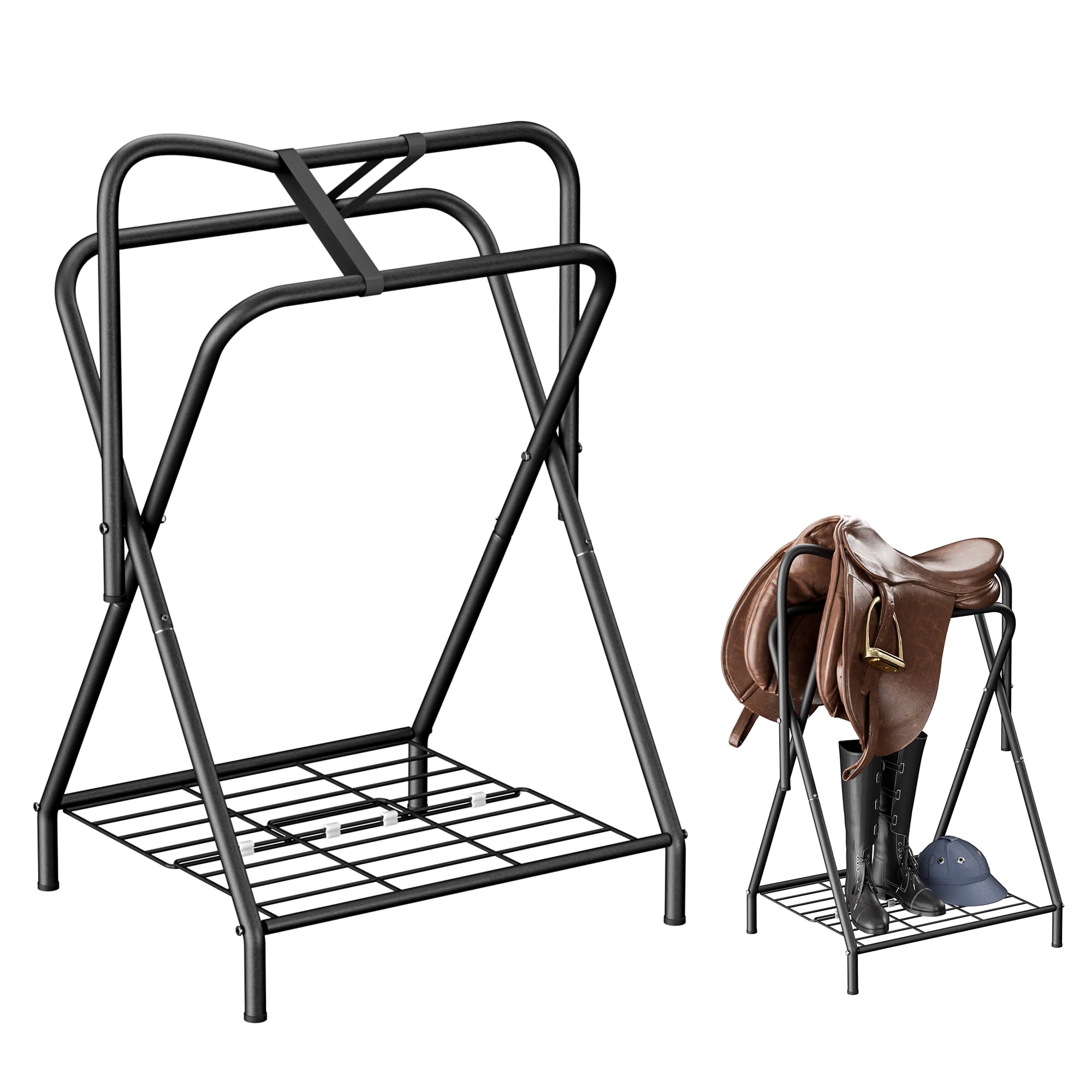 Dunatou foldable saddle rack with bottom shelf keeps tack organized in the tack room