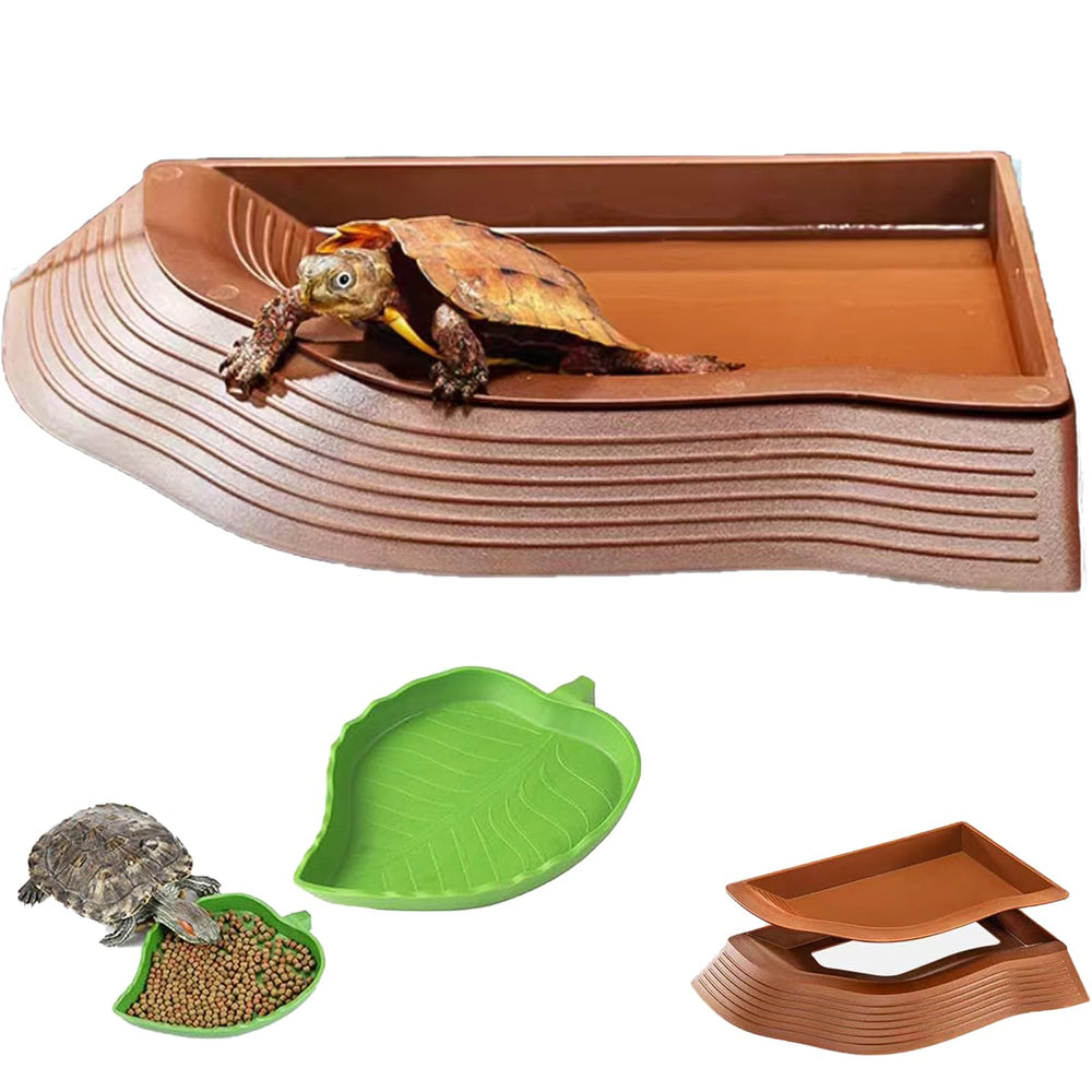 DUOYUZHIYU tortoise water bowls with ramp leaf design, space-saving in tanks.