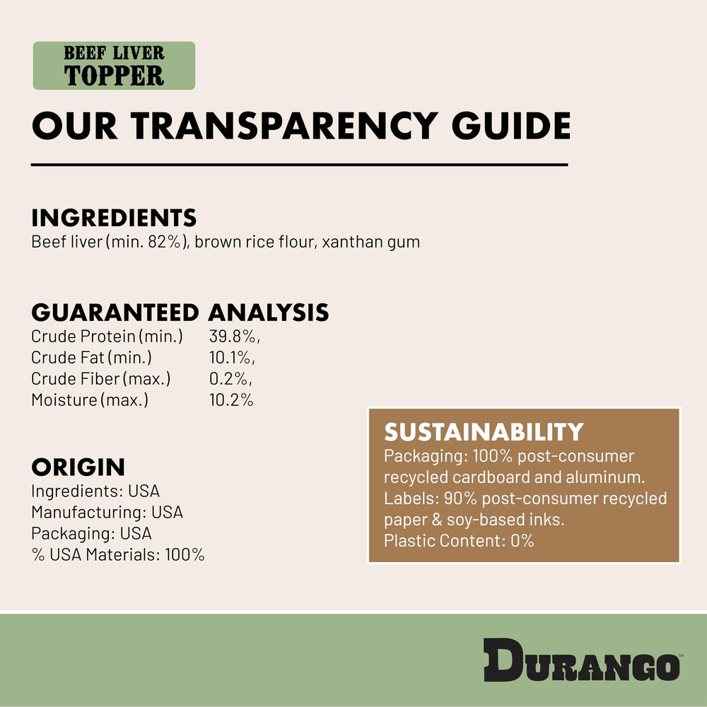 Durango Beef Liver Meal Topper ingredients - limited, clean label for feeding.