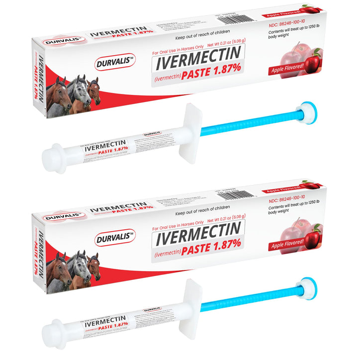 DURVALIS apple-flavored horse paste syringe for easier dosing and parasite control.