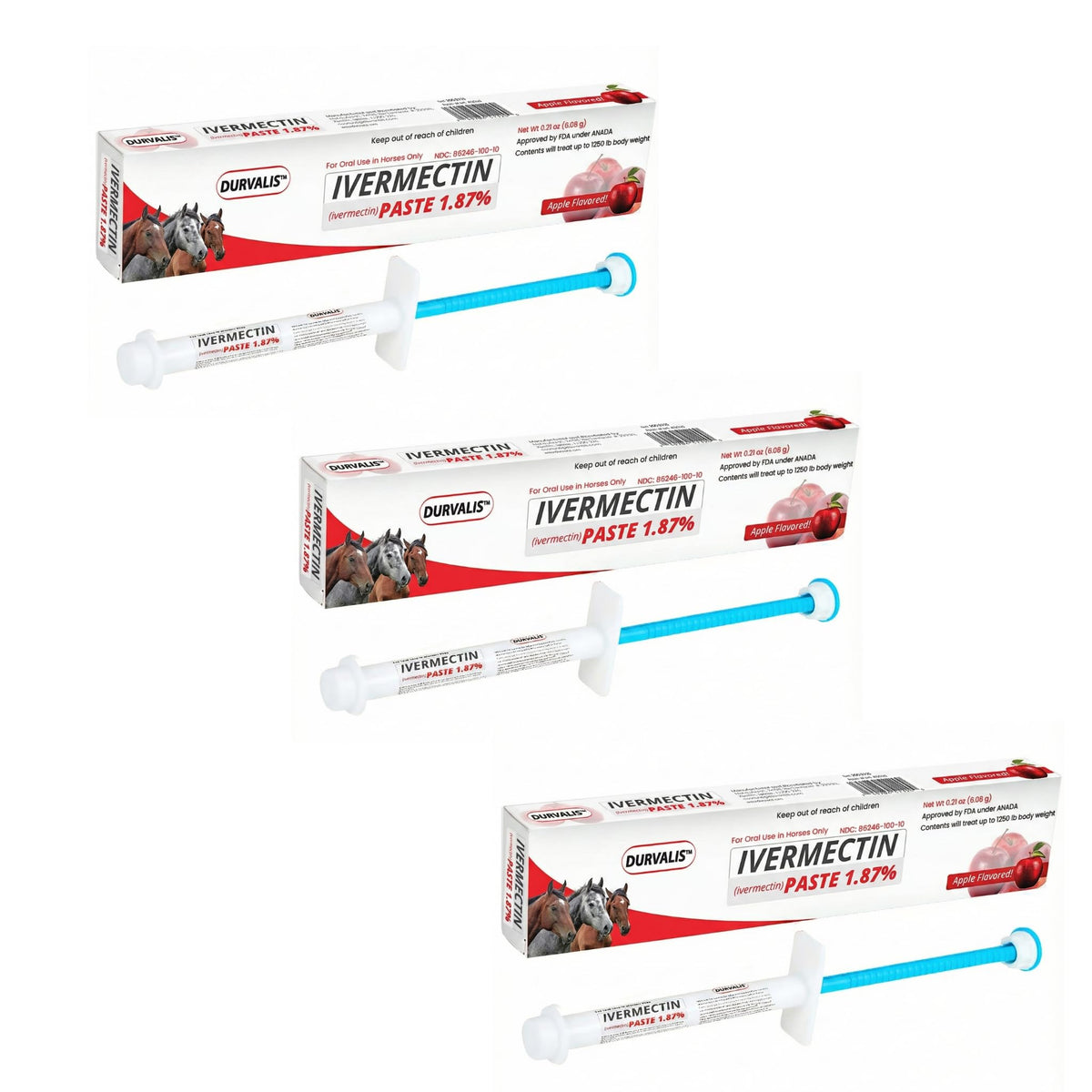 Durvalis ivermectin paste apple-flavored for smoother administration during routine horse care.