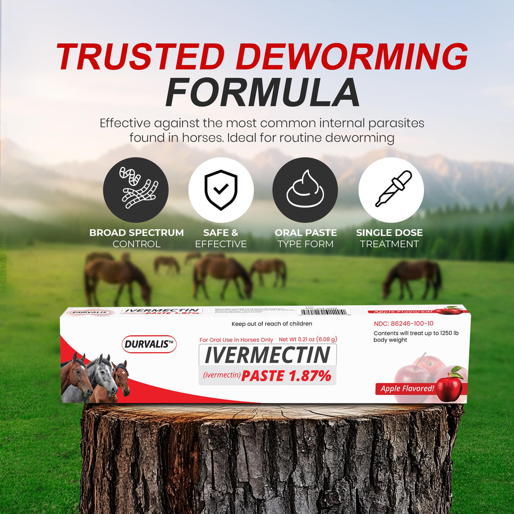 DURVALIS two-pack horse dewormer packaging for convenient care.