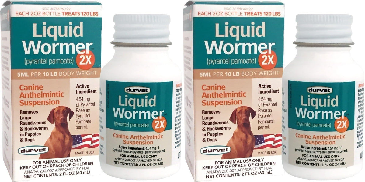 Durvet 2X Liquid Wormer bottle 2oz for dogs—easy dosing and palatability.