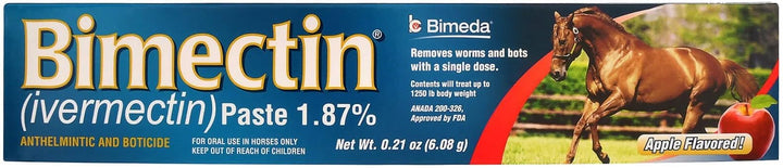 Durvet Bimectin apple flavored paste wormer syringe for precise horse dosing.