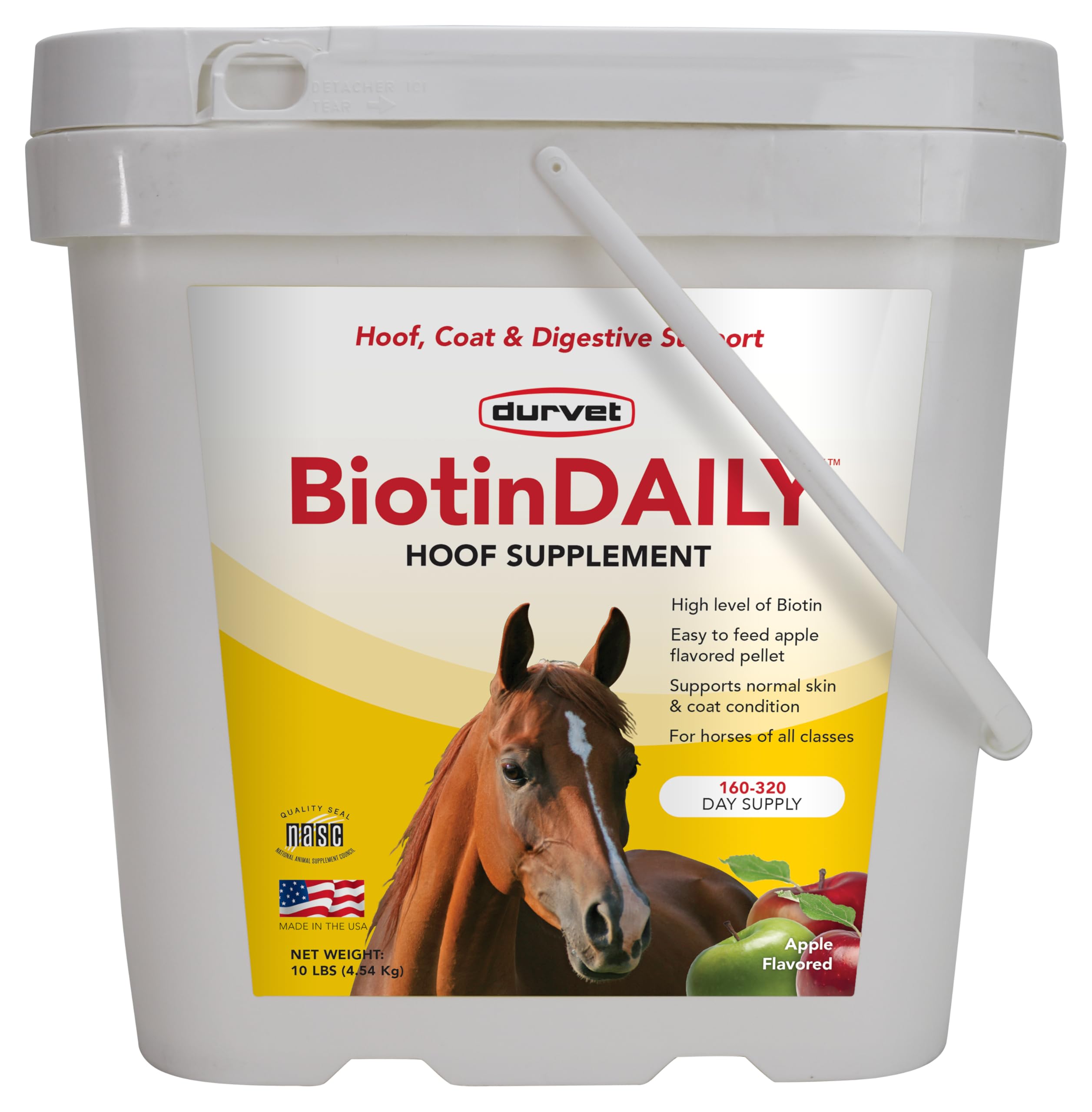 Durvet BIOTIN Daily 10# bag front view highlights hoof care support.