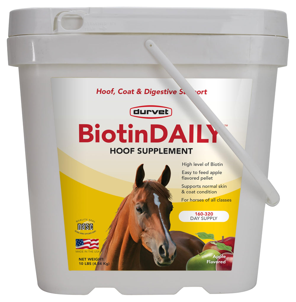 Durvet BIOTIN Daily 10# bag front view highlights hoof care support.