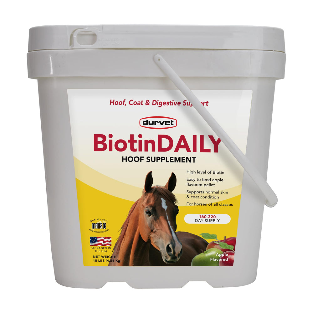 Durvet BIOTIN Daily 10# pellets in apple flavor for easy feeding.