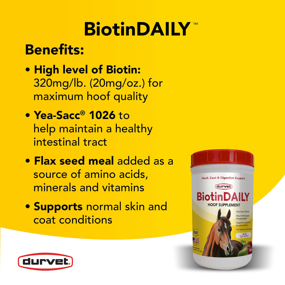 Close-up of Durvet Biotin Daily Hoof Care pellets for easy feeding.