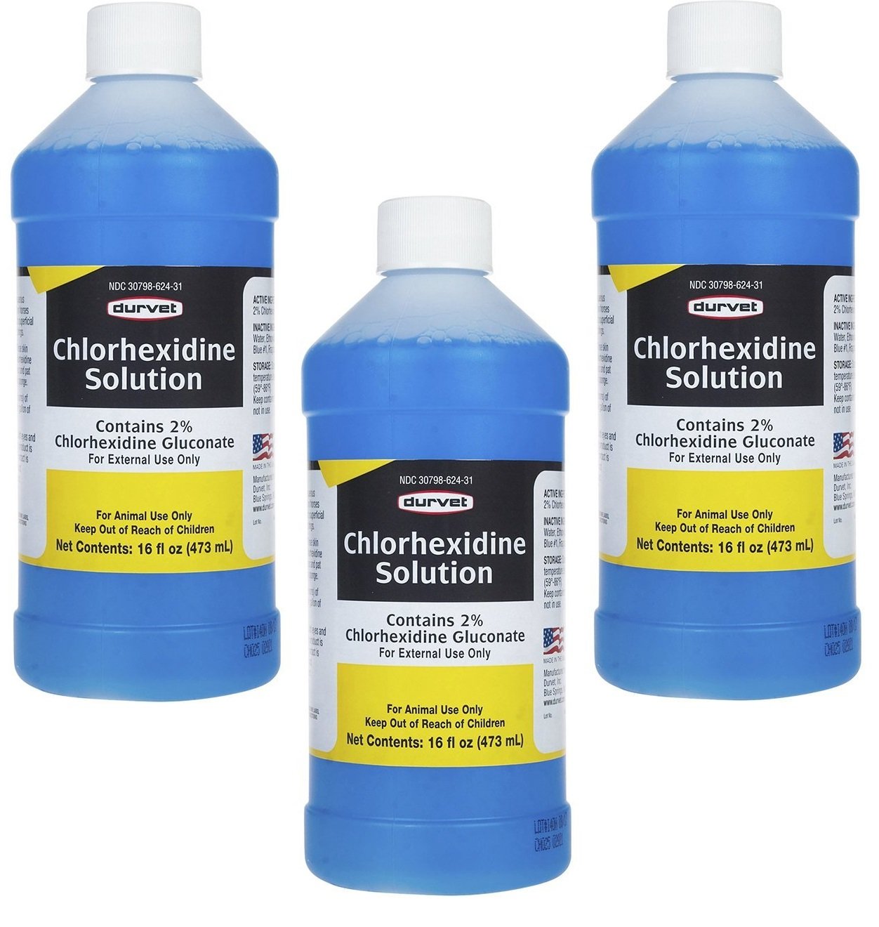 Durvet chlorhexidine solution 16oz pack bottles for easy wound cleaning.