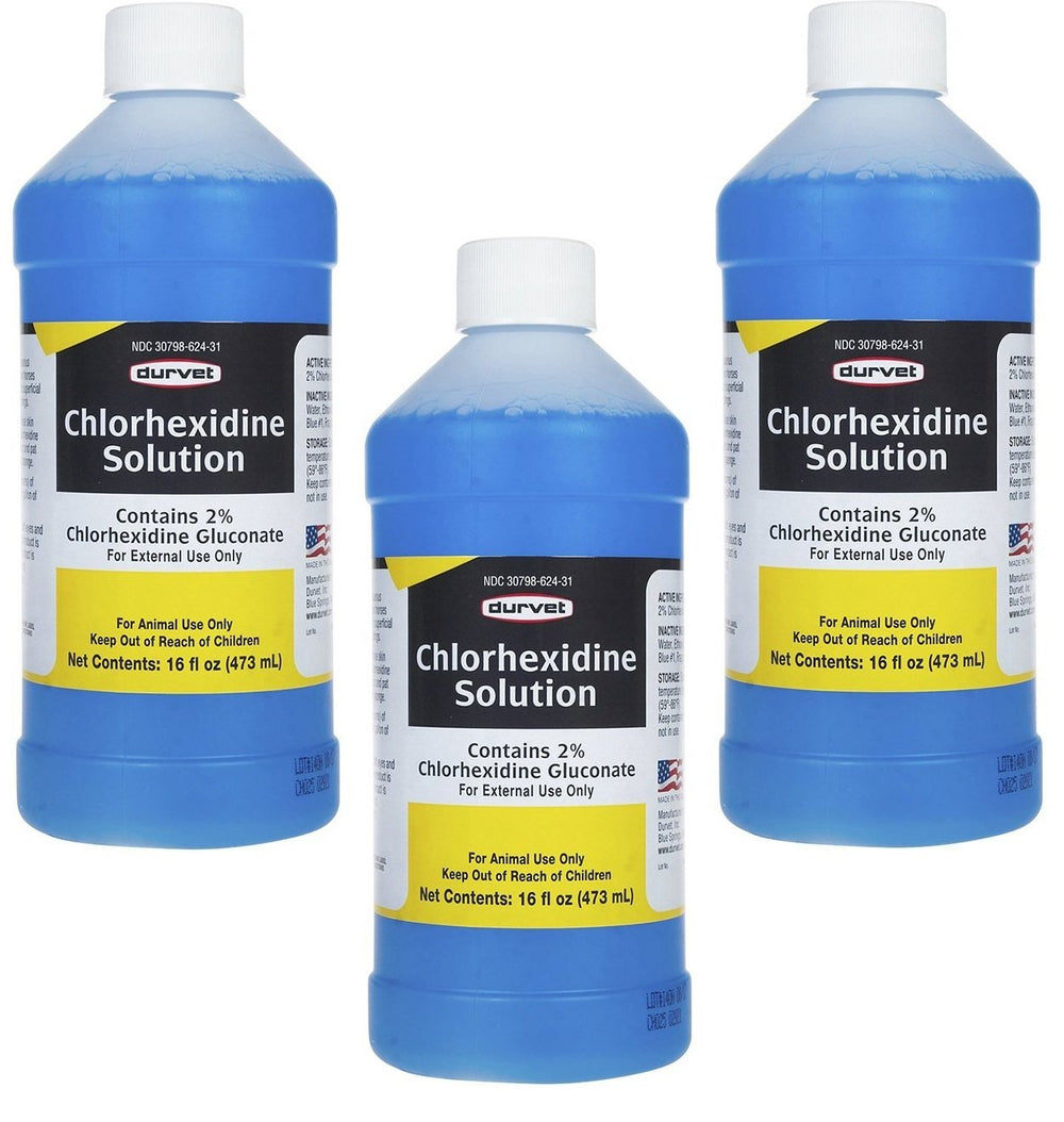 Durvet chlorhexidine solution 16oz pack bottles for easy wound cleaning.