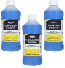 Durvet chlorhexidine solution 16oz pack bottles for easy wound cleaning.