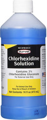 Durvet chlorhexidine solution bottle pour shows gentle wound cleansing on pets.