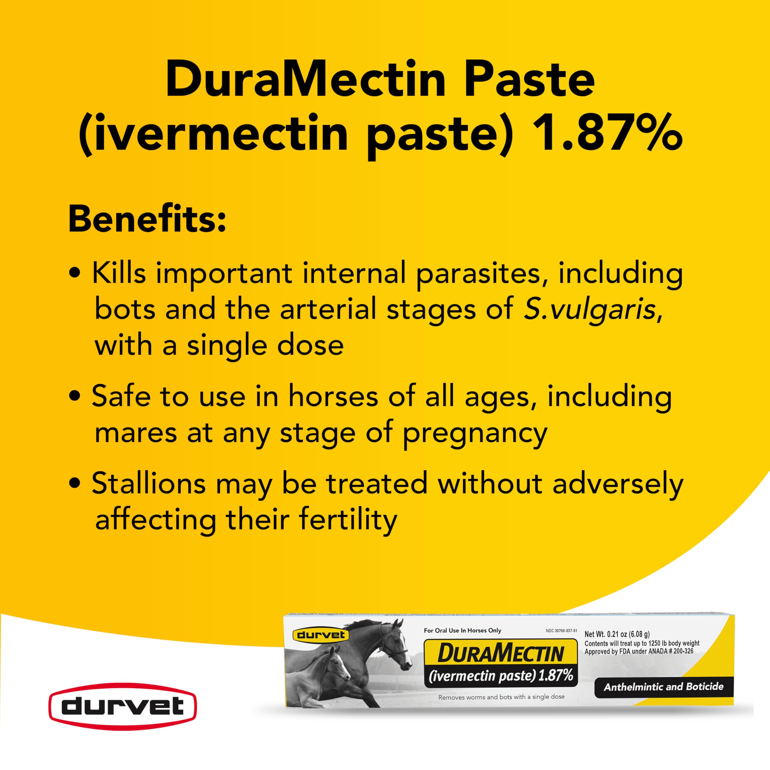 Duramectin dose-instruction image highlights simple oral administration for horses