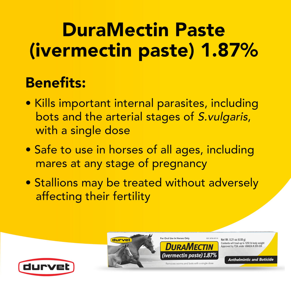 Duramectin dose-instruction image highlights simple oral administration for horses