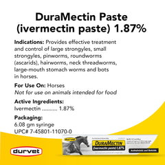 Duramectin packaging box emphasizes four-pack convenience for horse owners