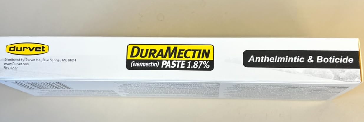 Durvet Duramectin paste label close-up communicates broad parasite coverage.