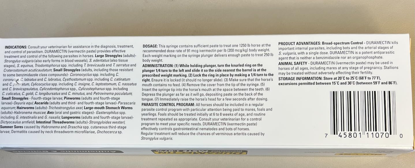 Durvet Duramectin paste in stable setting supports parasite control.
