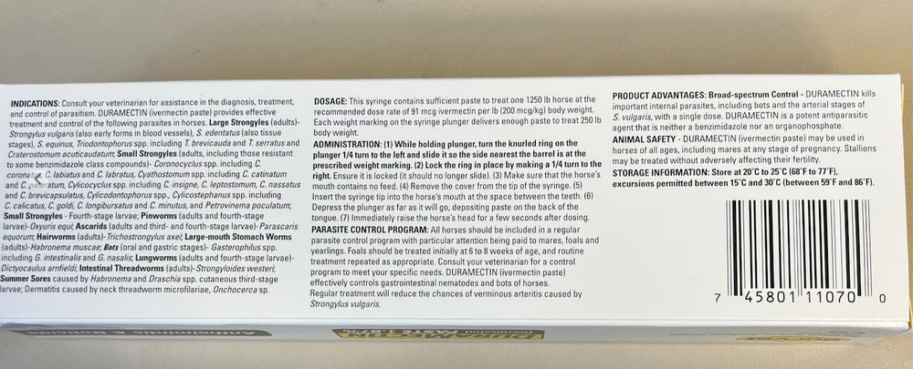 Durvet Duramectin paste in stable setting supports parasite control.