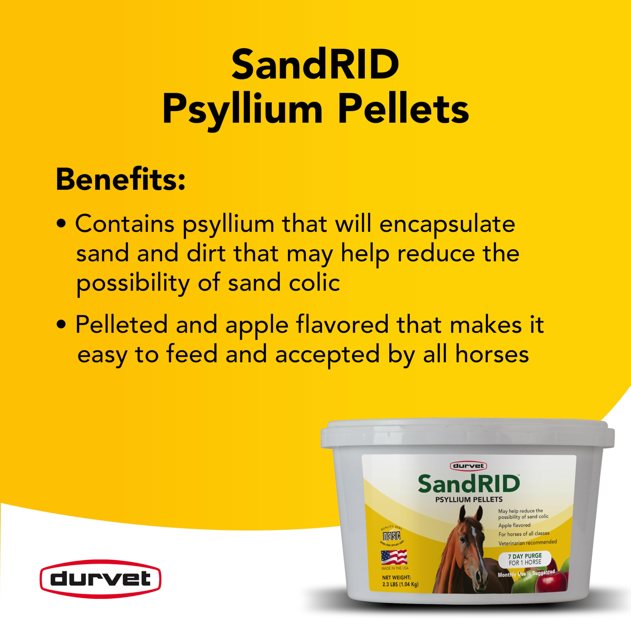 Apple and molasses flavored Durvet Sandrid pellets for horses.