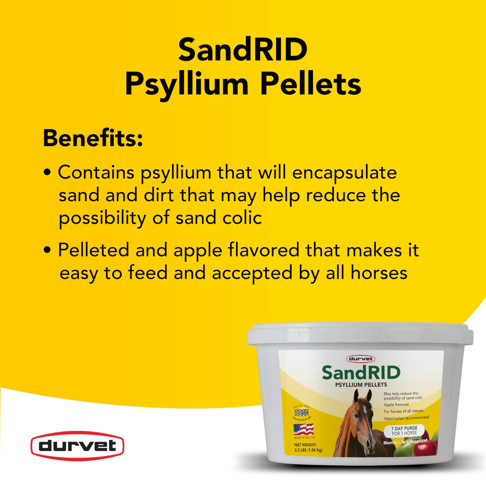Apple and molasses flavored Durvet Sandrid pellets for horses.