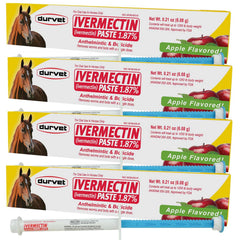 Durvet Ivermectin 4-Pack paste-gel bottle ready for easy parasite protection in horses.