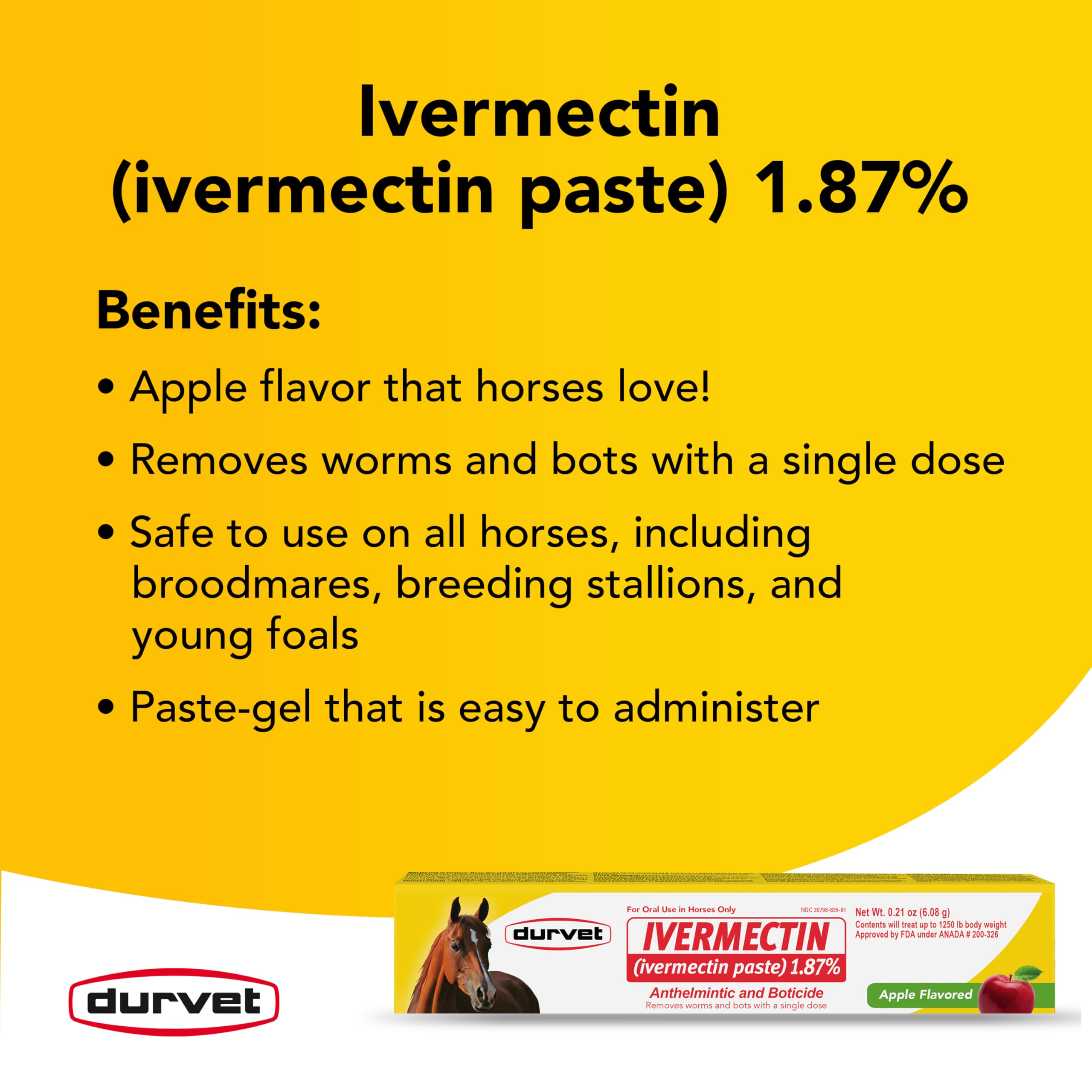 Horse in a stable receiving oral treatment with Durvet Ivermectin Paste.