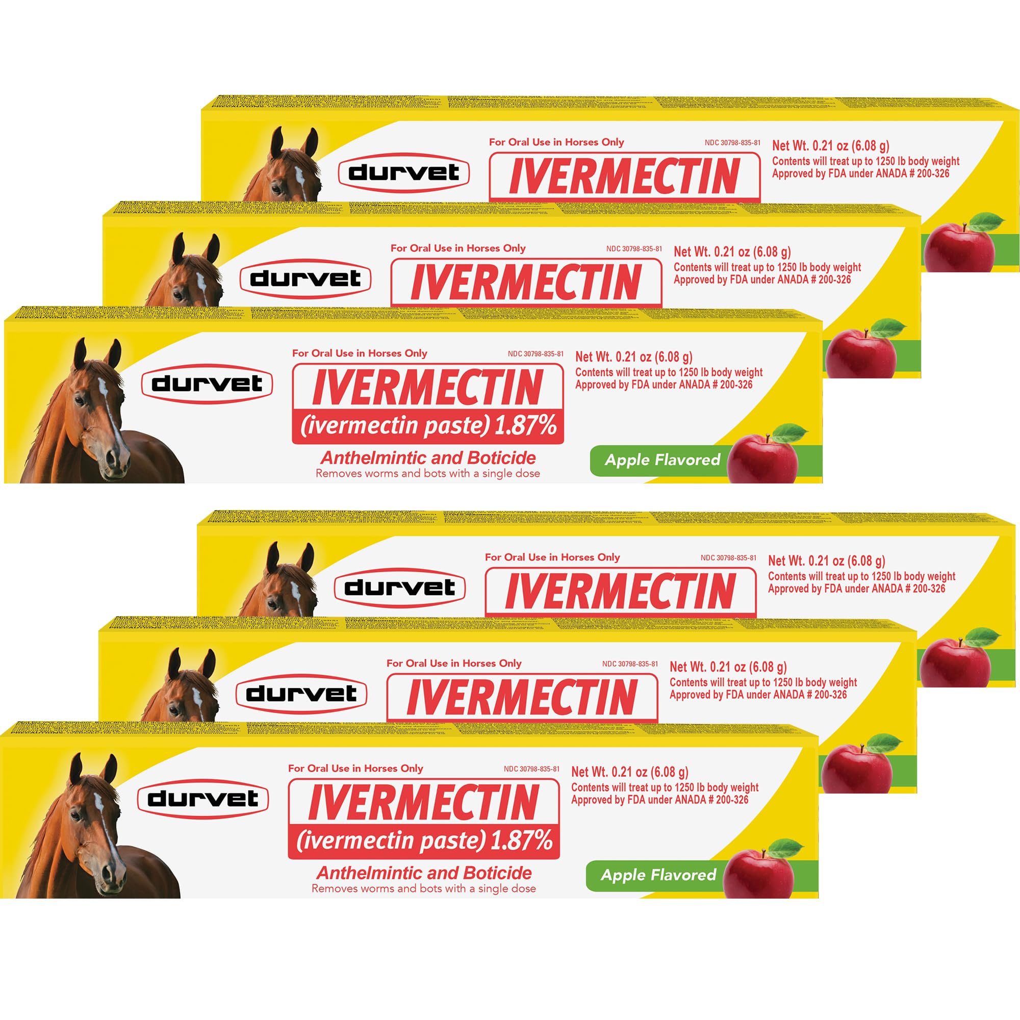 Durvet Ivermectin Paste package with apple flavor for horses, easy single-dose administration.