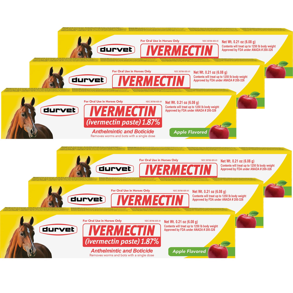 Durvet Ivermectin Paste package with apple flavor for horses, easy single-dose administration.