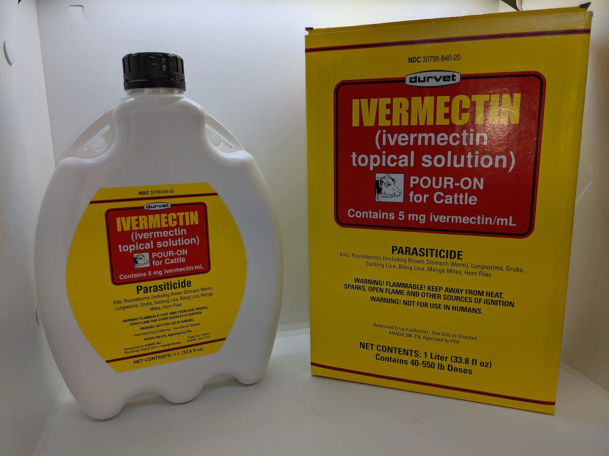 Durvet Ivermectin Pour-On cattle bottle close-up showing 1000 mL capacity for easy use