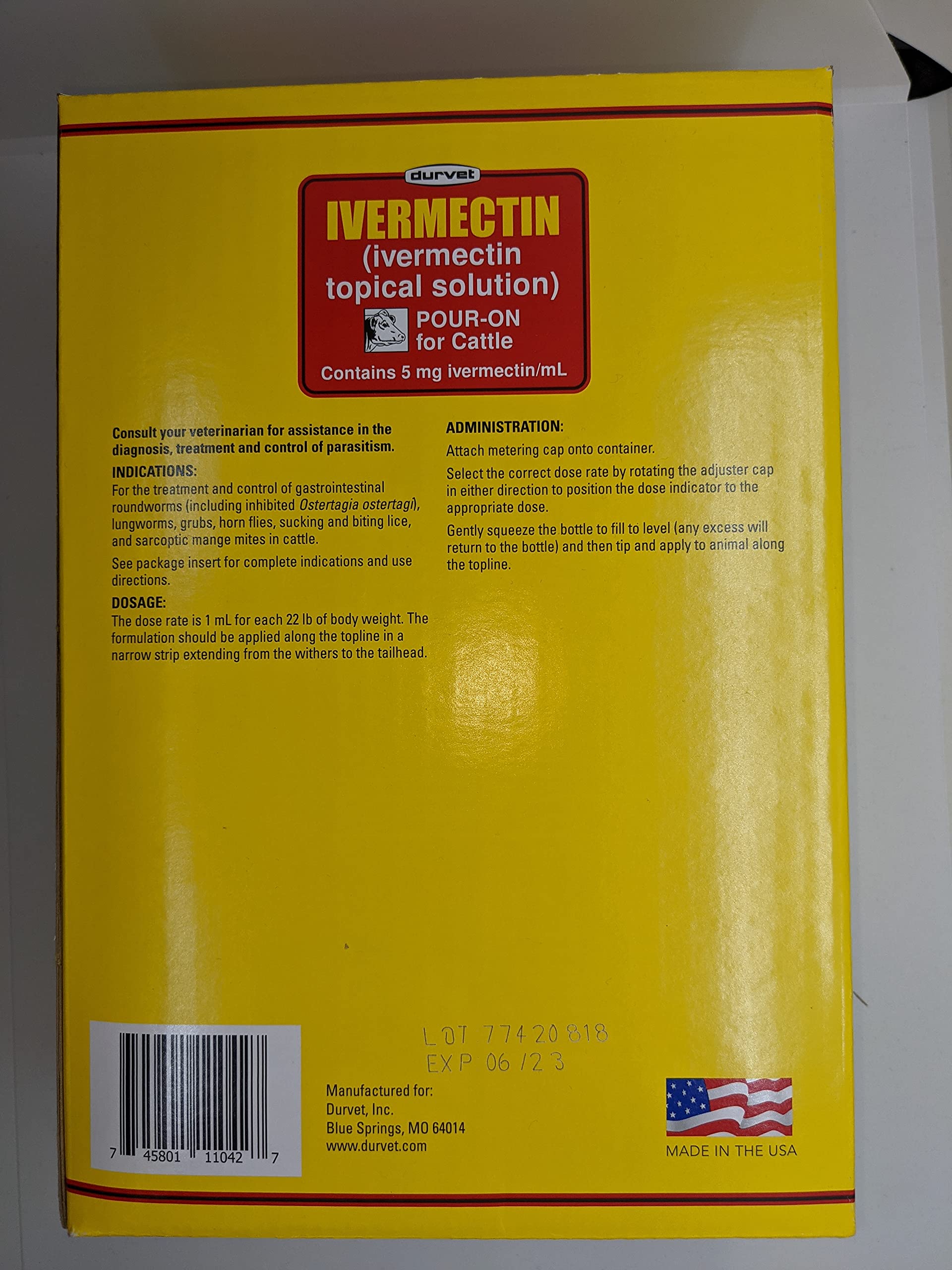 Durvet Ivermectin Pour-On back view showing pour-on line ready for application