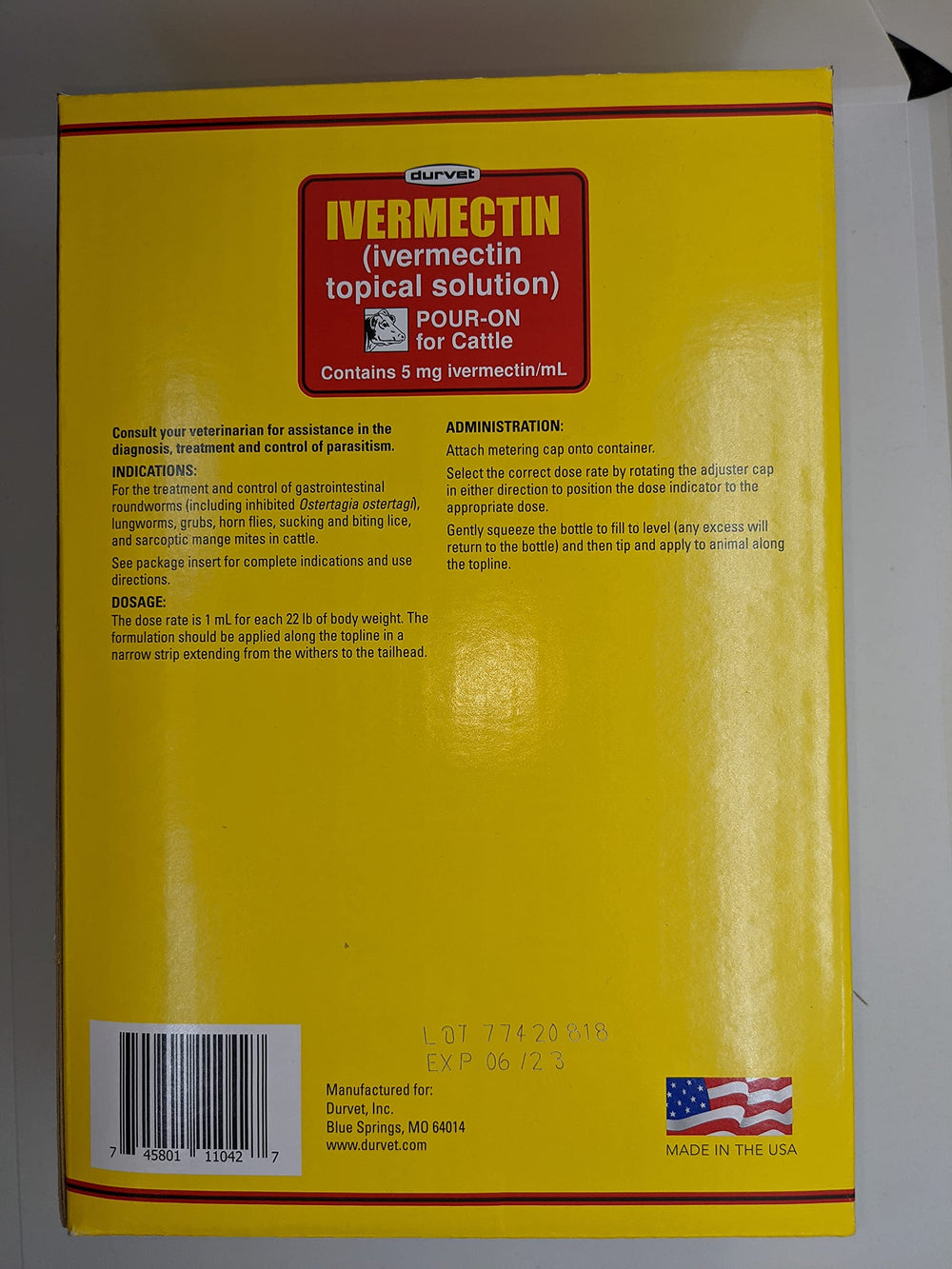 Durvet Ivermectin Pour-On back view showing pour-on line ready for application