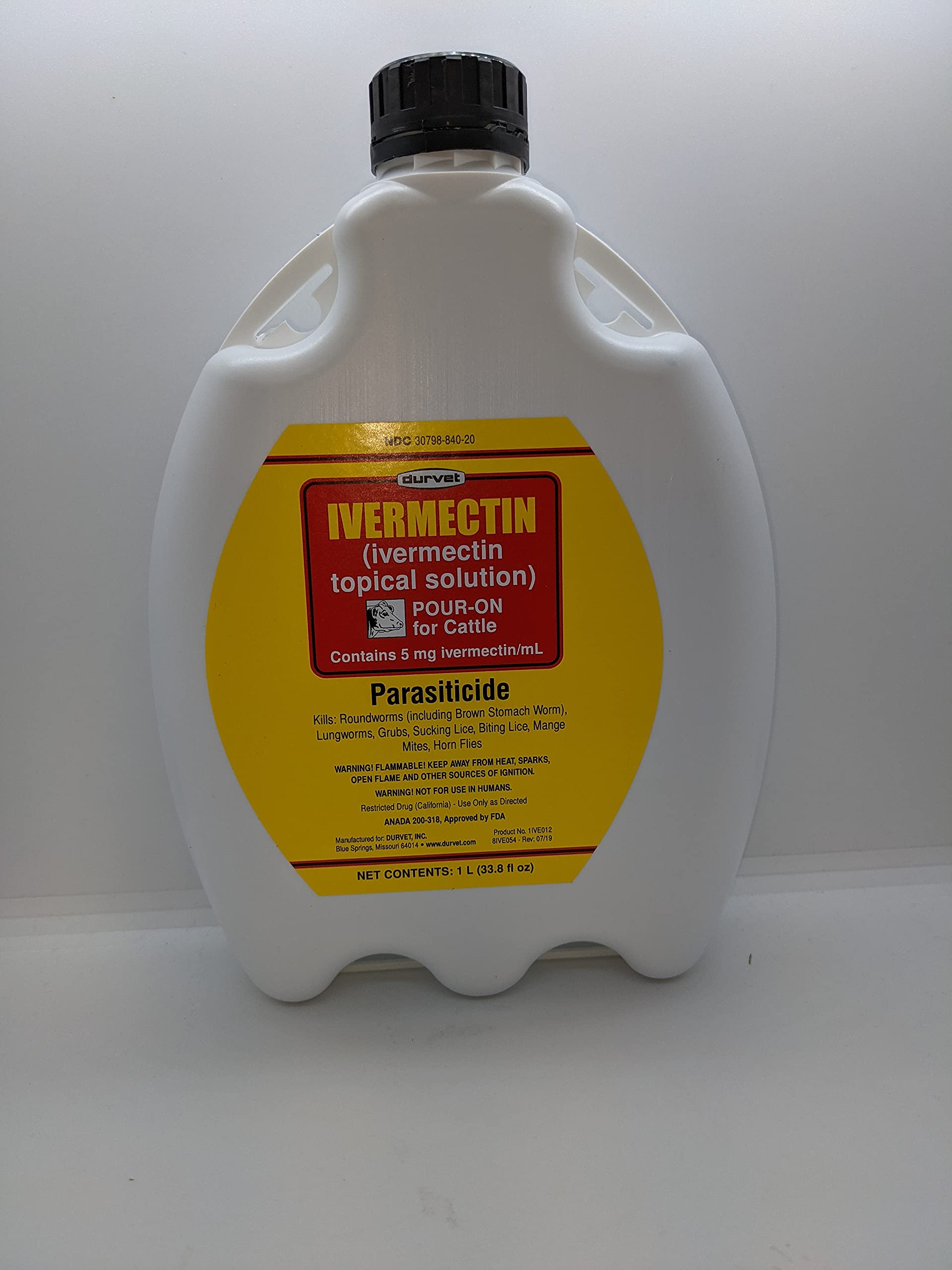 Durvet Ivermectin Pour-On label on cattle bottle with dosage guidance for quick reference