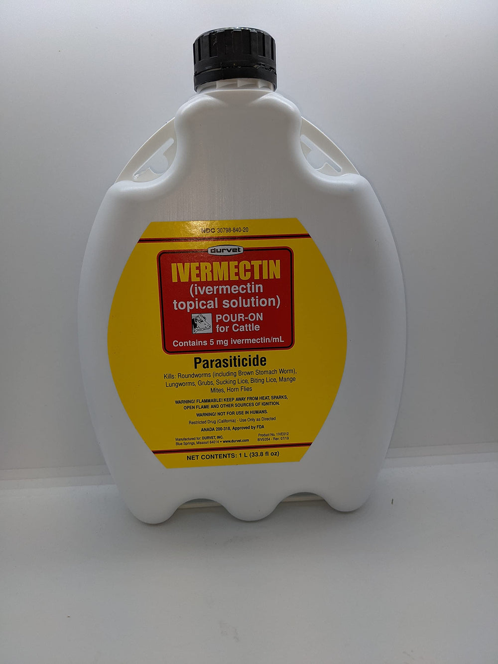 Durvet Ivermectin Pour-On label on cattle bottle with dosage guidance for quick reference