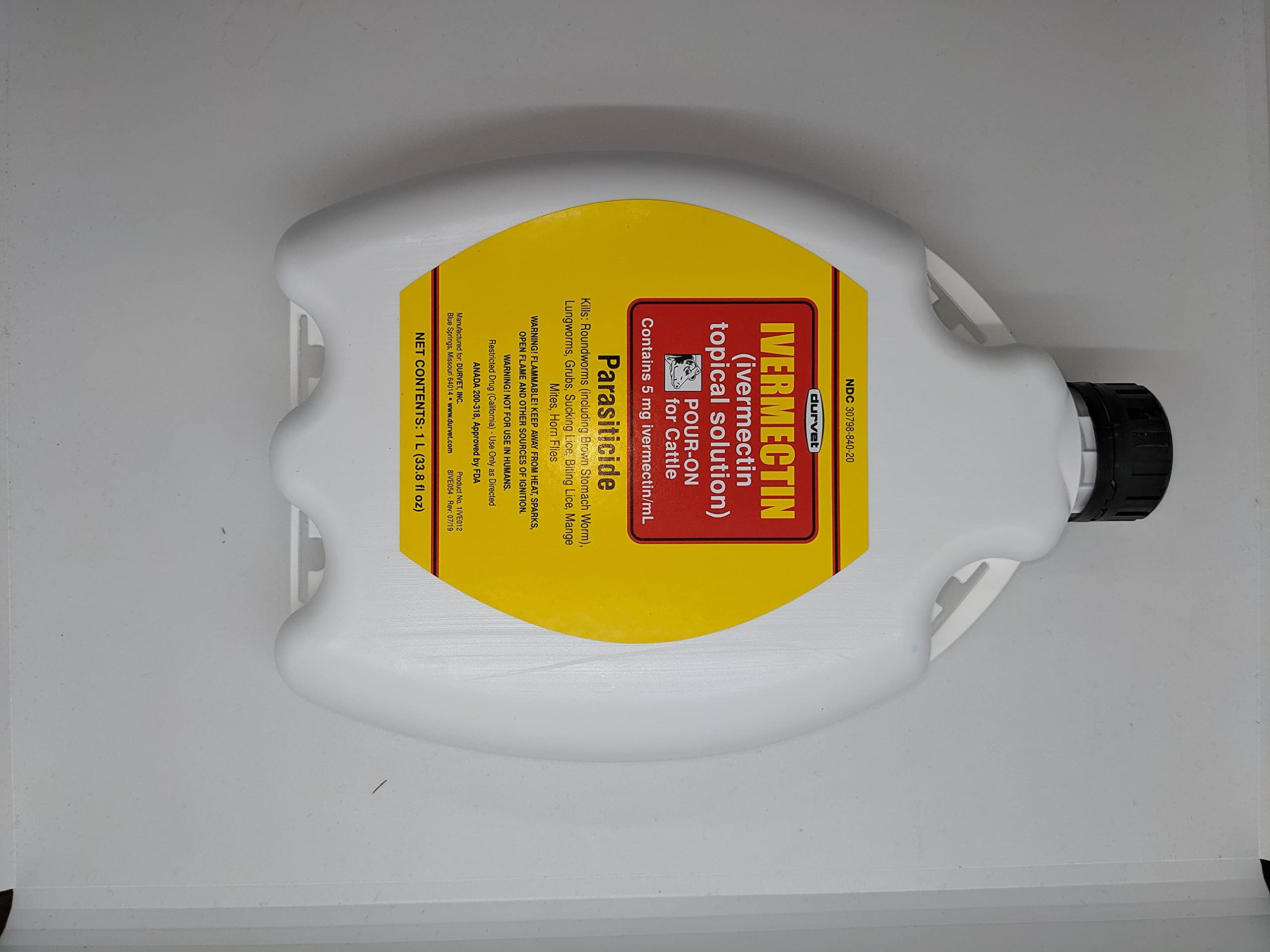 Durvet Ivermectin Pour-On packaging on shelf for storage and transport