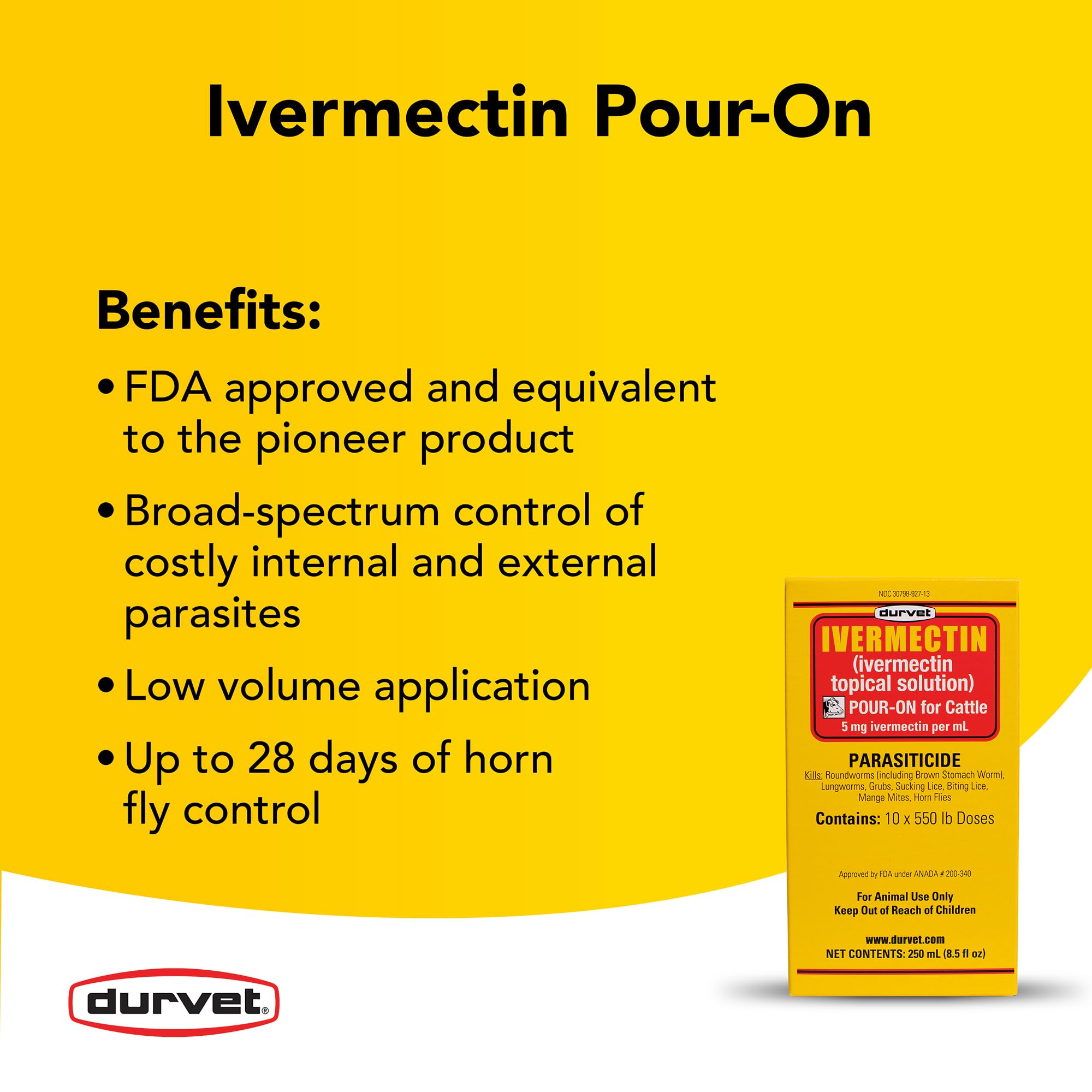 Durvet pour-on label close-up showing clear directions for cattle parasite control