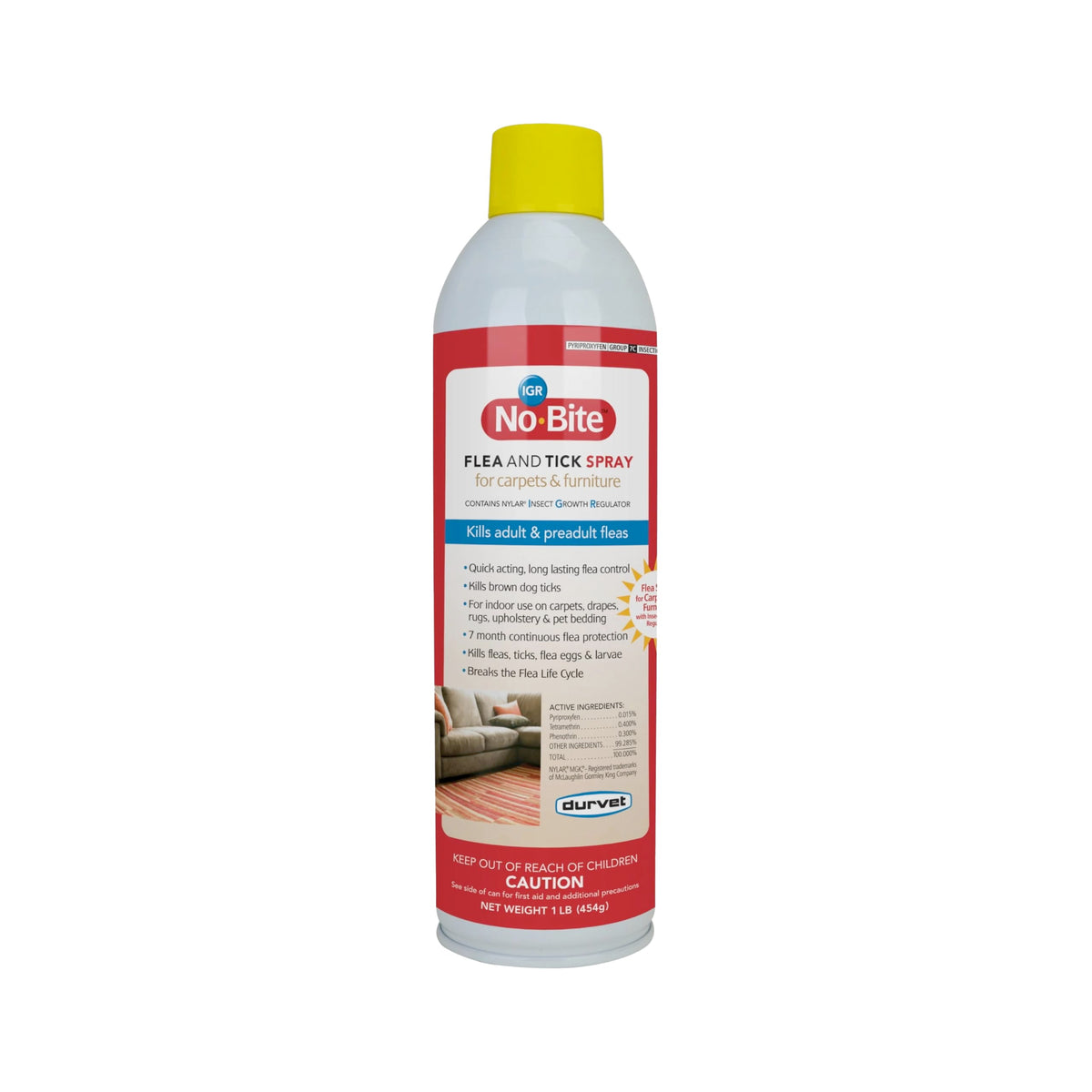 Durvet No Bite IGR spray bottle front for easy home use on carpets