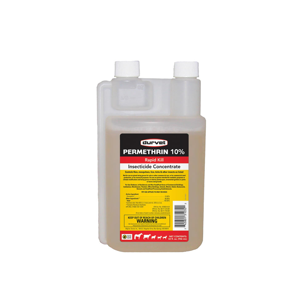Durvet Permethrin EC 10% concentrate bottle for safe pet use.